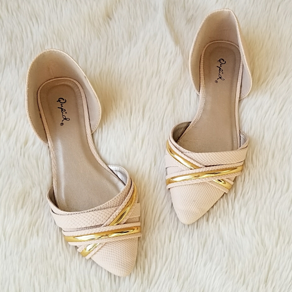 Womens Light Pink & Gold Size 6.5 Qupid Flat Shoes